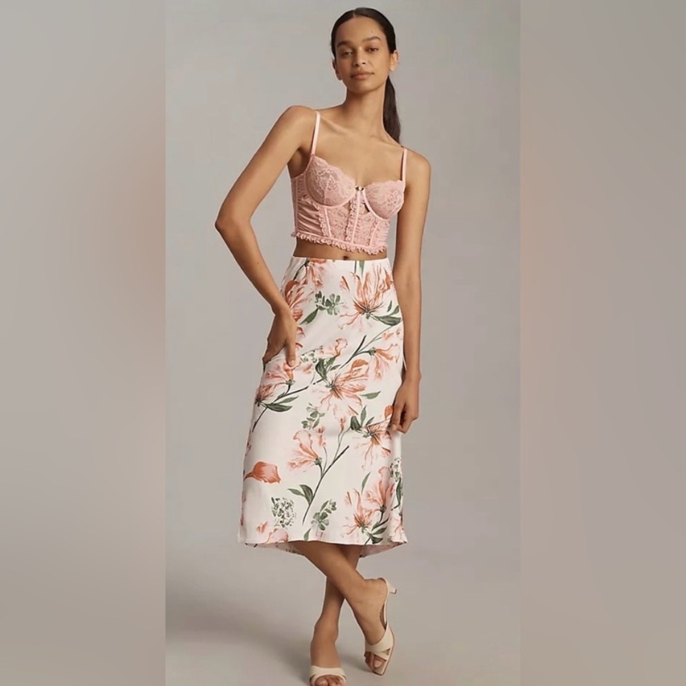 Anthropologie Floral Midi Slip Skirt - Pearly White and Pink